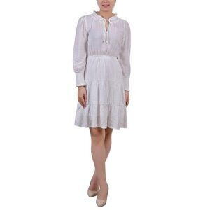 NY Collection Petite Tiered Dress with Ruffled Neck White Size PS MSRP$58